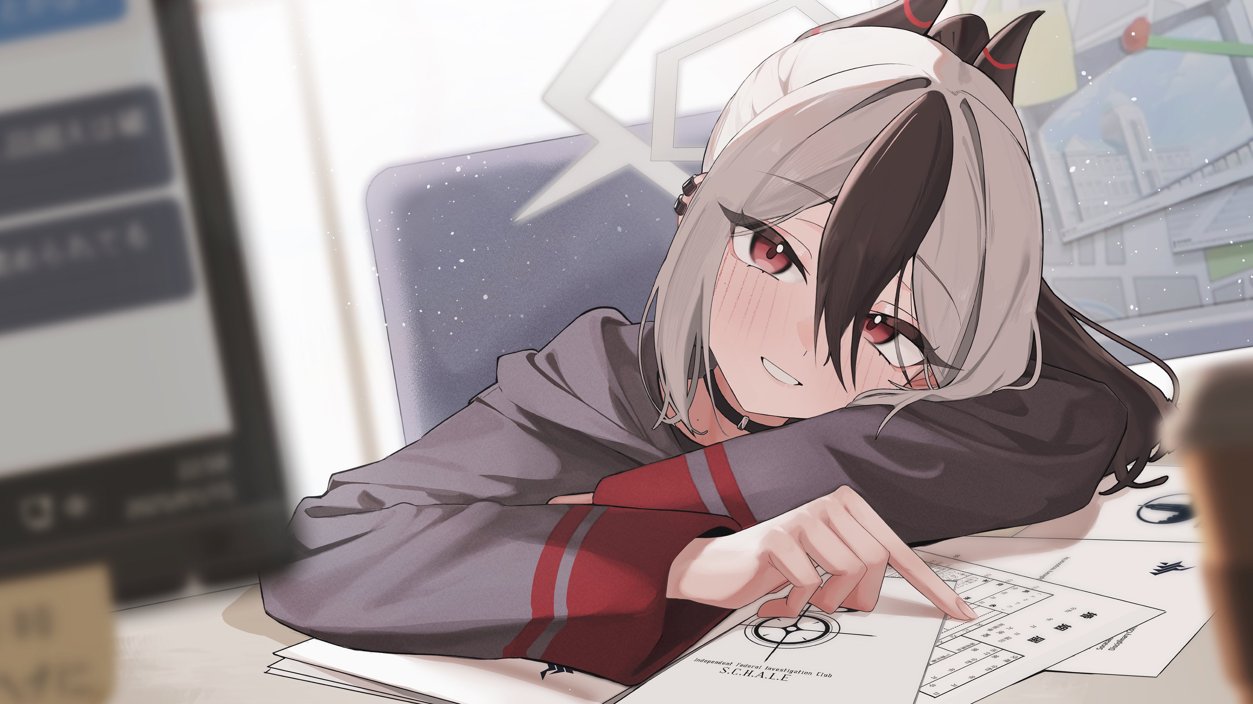 ryoya, kayoko (blue archive), blue archive, absurdres, highres, 1girl, black hair, choker, desk, halo, looking at viewer, medium hair, multicolored hair, pink eyes, school uniform, smile, solo, white hair