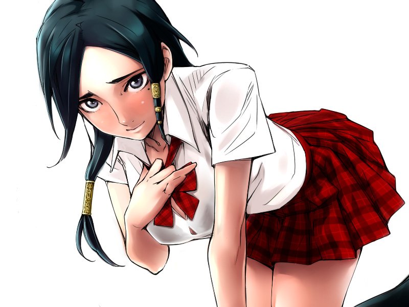 yurikawa, alicia (bullet witch), aq interactive, bullet witch, cavia, bad id, bad pixiv id, 1girl, alternate costume, black hair, blue eyes, blush, female focus, long hair, mole, mole under eye, school uniform, serafuku, skirt, solo