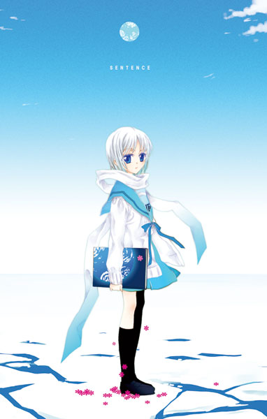 sucharaka honpo, nagato yuki, suzumiya haruhi no yuuutsu, 00s, 1girl, alternate hair color, arm at side, black shoes, black socks, blue bow, blue eyes, blue ribbon, blue skirt, blue sky, blue theme, book, bow, cardigan, carrying, carrying under arm, cloud, crack, female focus, flower, from side, full body, gradient background, holding, holding book, ice, kneehighs, long sleeves, looking at viewer, outdoors, planet, ribbon, school uniform, serafuku, shoes, short hair, skirt, sky, socks, solo, standing, text focus, water, white hair