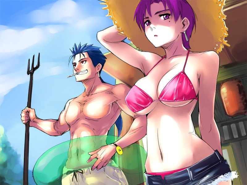 yurikawa, bazett fraga mcremitz, cu chulainn (fate), cu chulainn (fate/stay night), fate/hollow ataraxia, fate/stay night, fate (series), bad id, bad pixiv id, 00s, 1boy, 1girl, bikini, bikini top only, blue hair, breasts, cigarette, cleavage, clenched teeth, day, denim, denim shorts, earrings, hat, holding, holding pitchfork, innertube, jewelry, large breasts, long hair, mole, mole under eye, pitchfork, ponytail, purple eyes, purple hair, short hair, shorts, straw hat, swim ring, swimsuit, teeth