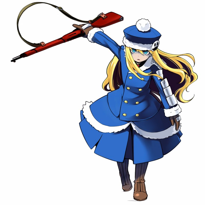 yurikawa, gunner (sekaiju), gunner 2 (sekaiju), jack frost (megami tensei), atlus, etrian odyssey, 1girl, blonde hair, blue eyes, bolt action, female focus, gun, hat, rifle, solo, weapon