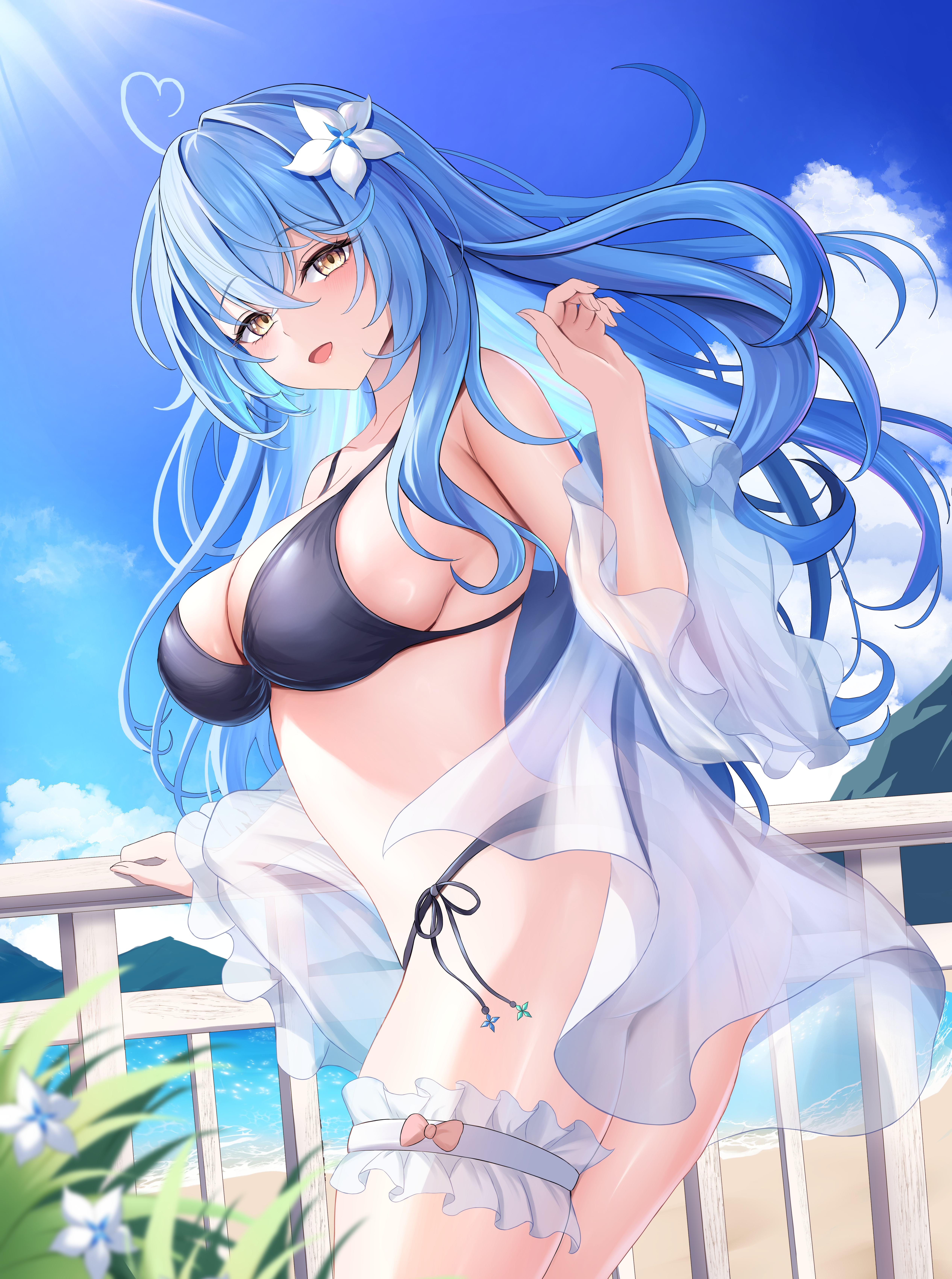 shouhaku0512, yukihana lamy, hololive, absurdres, commentary request, highres, 1girl, ahoge, bare shoulders, beach, bikini, black bikini, blue hair, blue sky, breasts, cleavage, cloud, collarbone, crossed bangs, day, floating hair, flower, frilled thigh strap, from side, hair between eyes, hair flower, hair ornament, hand on railing, hand up, head tilt, heart, heart ahoge, large breasts, long hair, mountainous horizon, ocean, open mouth, outdoors, plant, railing, see-through clothes, side-tie bikini bottom, sideboob, sky, smile, standing, sunlight, swimsuit, swimsuit cover-up, thigh bow, thigh strap, thighs, very long hair, virtual youtuber, white flower, yellow eyes