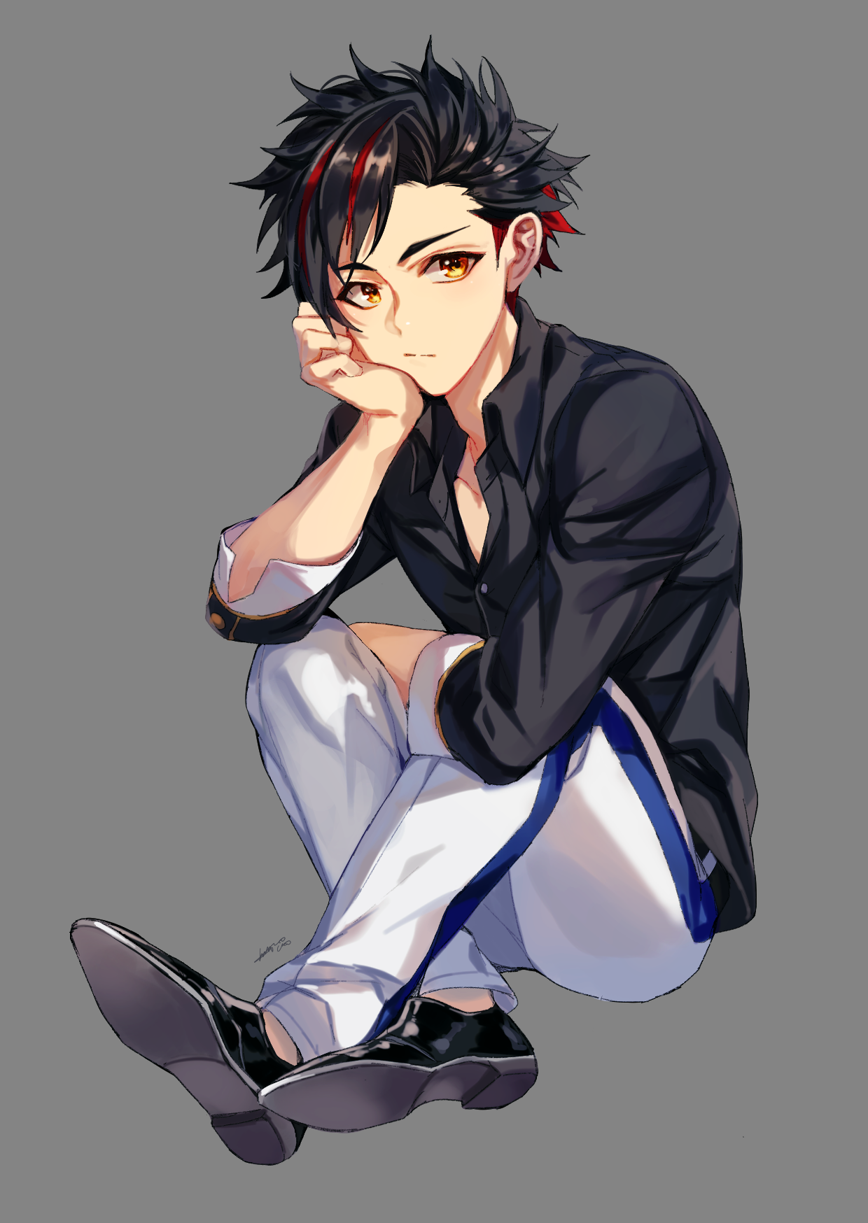 kwanmaengg, nagumo tetora, ensemble stars!, commentary, highres, 1boy, black hair, black shirt, black shoes, closed mouth, collared shirt, full body, grey background, male focus, multicolored hair, orange eyes, red hair, shirt, shoes, short hair, simple background, sitting, solo, streaked hair, three-quarter sleeves, two-tone hair