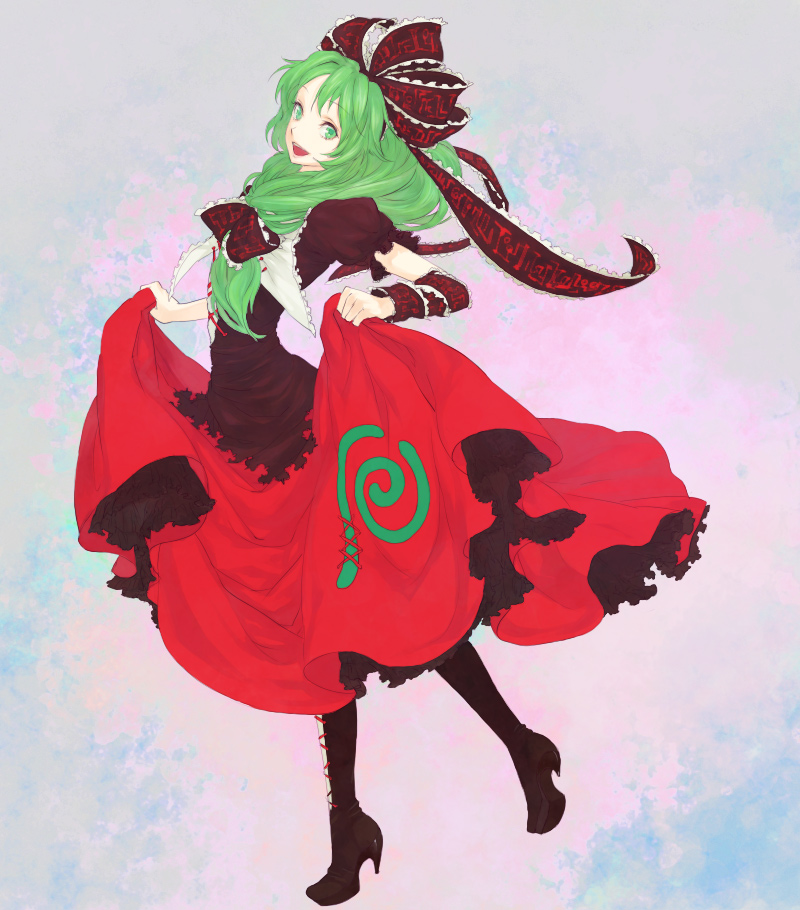 egawa satsuki, kagiyama hina, touhou, eyebrows, 1girl, arm ribbon, boots, brown boots, brown ribbon, brown shirt, collar, curtsey, dress, female focus, frilled ribbon, frilled shirt collar, frills, front ponytail, gothic lolita, green eyes, green hair, hair ribbon, high heels, lace-up boots, lolita fashion, long hair, matching hair/eyes, open mouth, red skirt, ribbon, shirt, short sleeves, skirt, skirt hold, solo, teeth, white collar