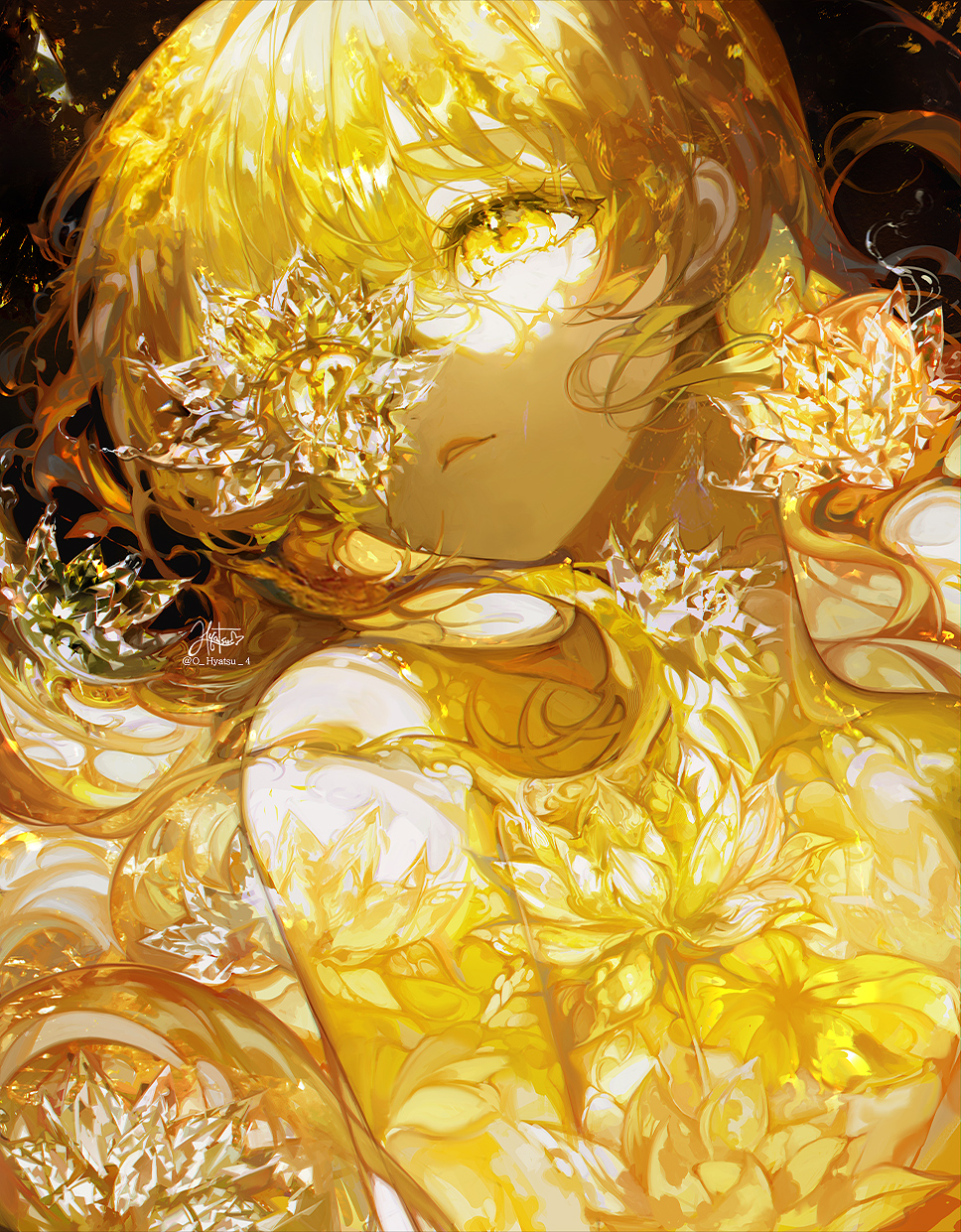hyatsu, original, highres, 1girl, artist name, black background, blonde hair, floating hair, flower, hair between eyes, long hair, looking to the side, lotus, parted lips, raised eyebrows, signature, solo, upper body, yellow eyes, yellow flower, yellow theme