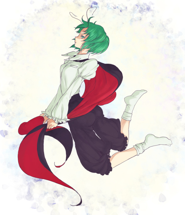 egawa satsuki, wriggle nightbug, touhou, 1girl, antennae, black pants, cape, feet, female focus, full body, gradient background, green eyes, green hair, matching hair/eyes, pants, puffy pants, shirt, short hair, socks, solo, white shirt, white socks