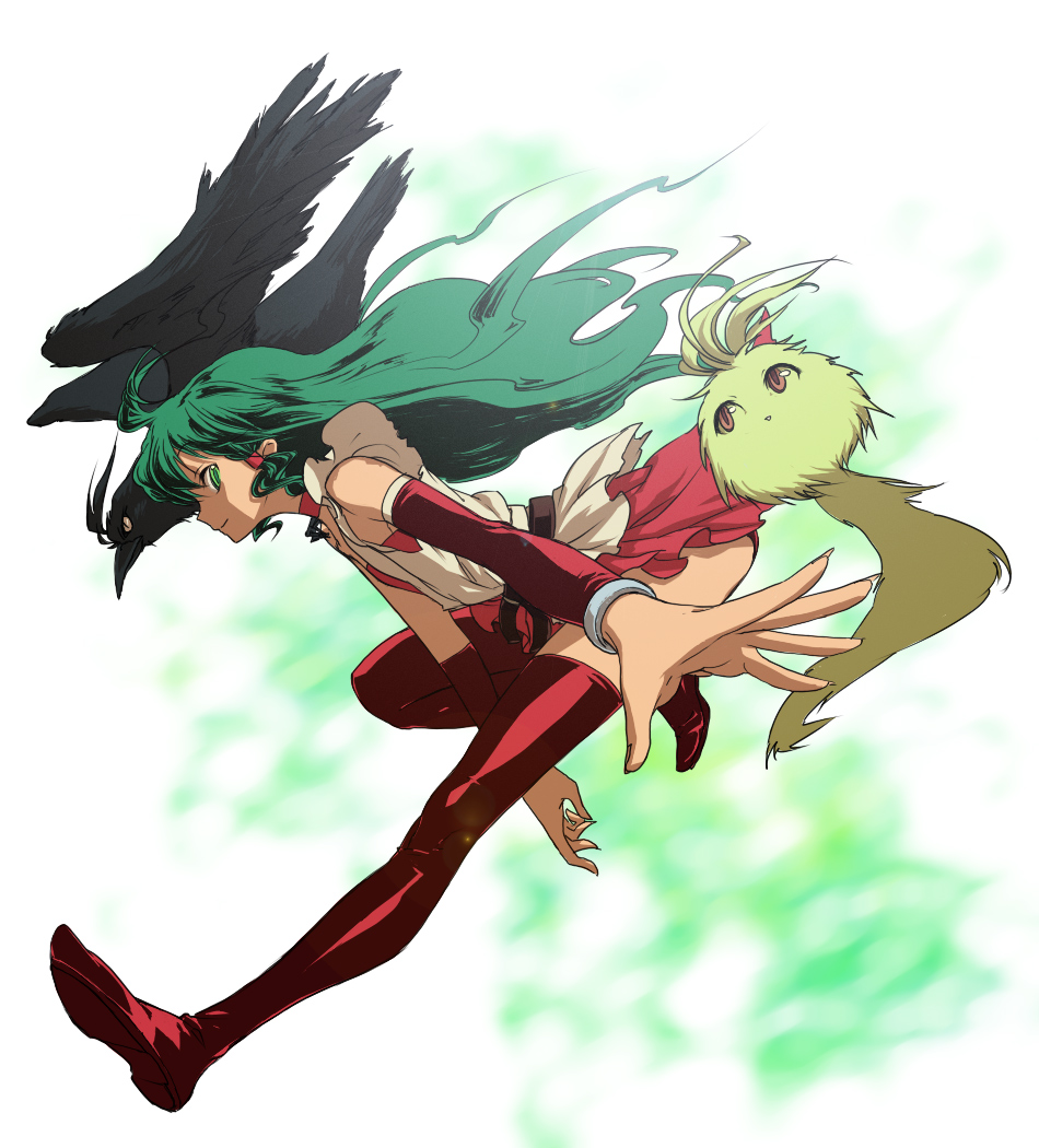egawa satsuki, filli, jasmine (deltora quest), deltora quest, 00s, 1girl, detached sleeves, female focus, foreshortening, green eyes, green hair, legs, long hair, matching hair/eyes, red thighhighs, solo, thighhighs, zettai ryouiki
