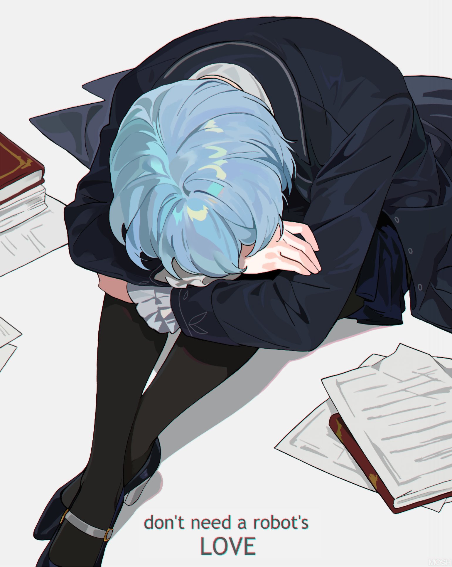 past desiderium, angela (project moon), library of ruina, project moon, highres, 1girl, black pantyhose, black skirt, blue coat, blue hair, book, coat, english text, frills, head down, hugging own legs, on floor, pages, pantyhose, short hair, skirt, solo, white background