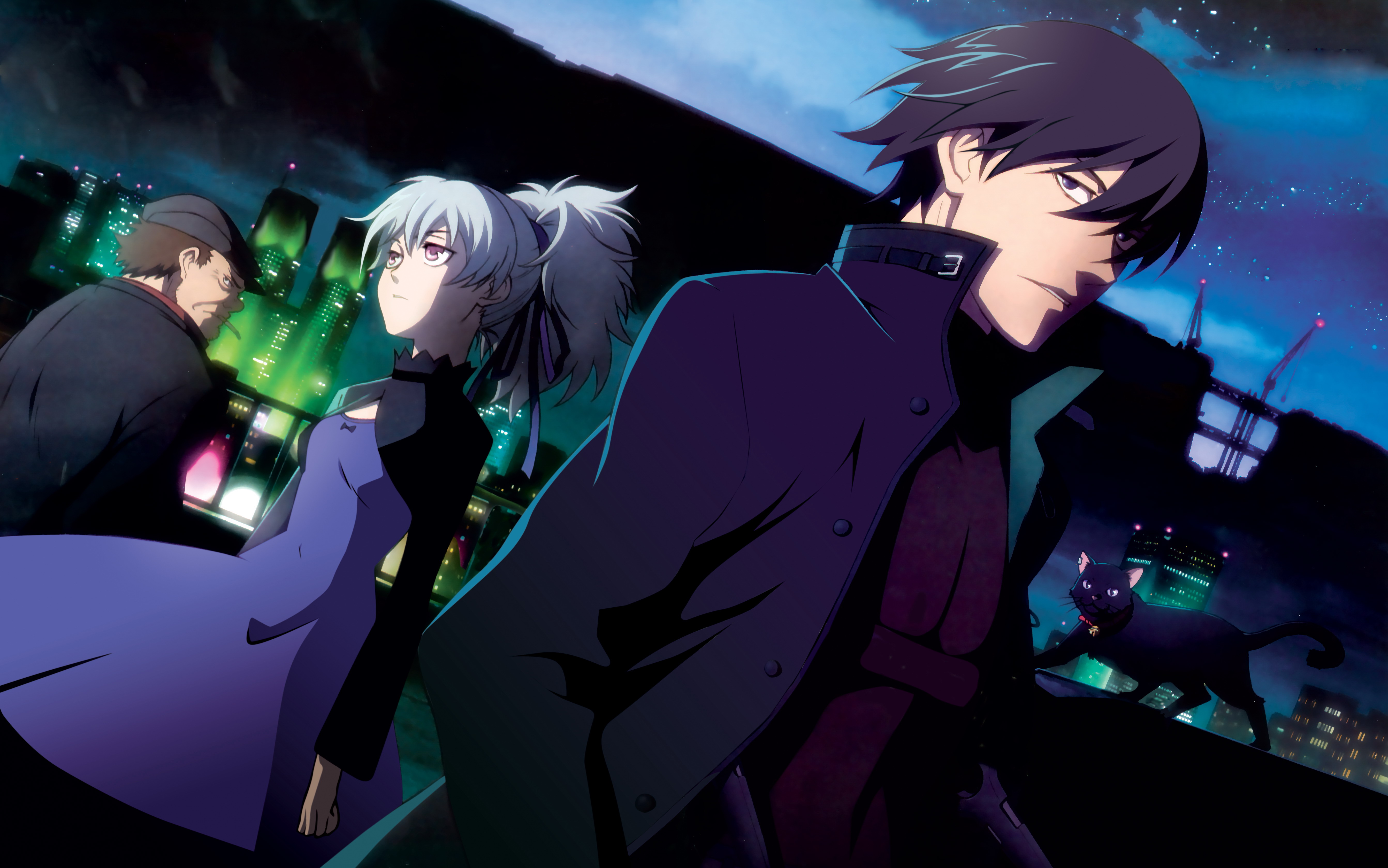 komori takahiro, hei (darker than black), huang (darker than black), mao (darker than black), yin (darker than black), darker than black, silver hair, absurdres, highres, official art, scan, 00s, 1girl, 2boys, black cat, black eyes, black hair, brown hair, cat, cityscape, dress, hat, multiple boys, night, ponytail, purple dress