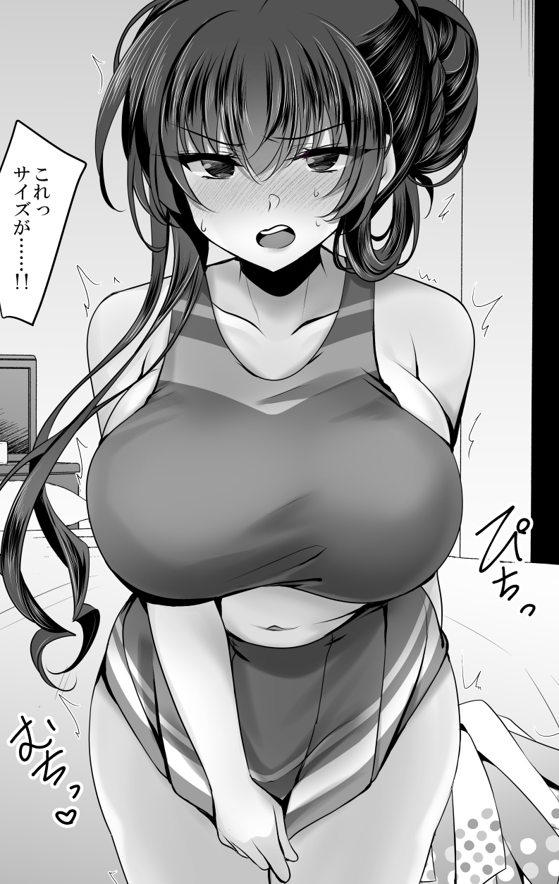 ichiyou moka, takanashi ouka (ichiyou moka), saimin kanojo (ichiyou moka), highres, translation request, 1girl, breasts, cheerleader, greyscale, heart, holding, holding pom poms, large breasts, long hair, monochrome, navel, open mouth, pom pom (cheerleading), pom poms, skirt, solo, speech bubble, sweat, teeth, trembling, upper teeth only