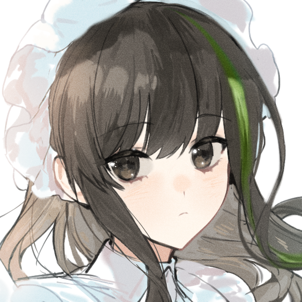 bisaytin, m4a1 (fluffy fruit tea) (girls' frontline), m4a1 (girls' frontline), girls' frontline, 1girl, black eyes, black hair, closed mouth, collared shirt, green eyes, long hair, maid headdress, multicolored hair, official alternate costume, portrait, shirt, sketch, solo, streaked hair, white background, white headdress, white shirt