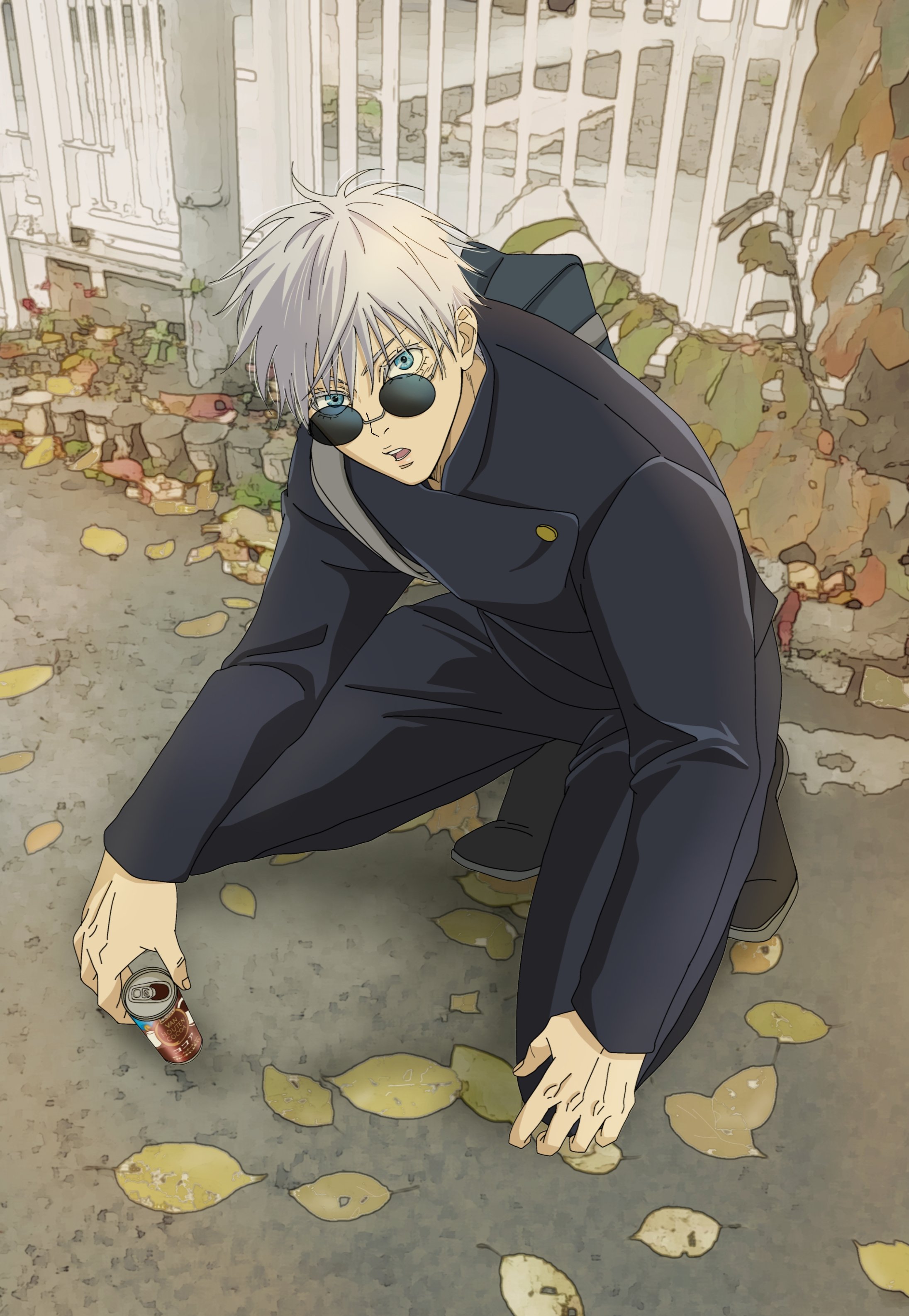 gojou satoru, jujutsu kaisen, absurdres, commentary request, highres, 1boy, bag, blue eyes, can, fingernails, holding, holding can, leaf, long sleeves, looking at viewer, male focus, open mouth, round eyewear, rrr ren (caruleanbluegg), school bag, short hair, solo, teeth, upper teeth only, white hair