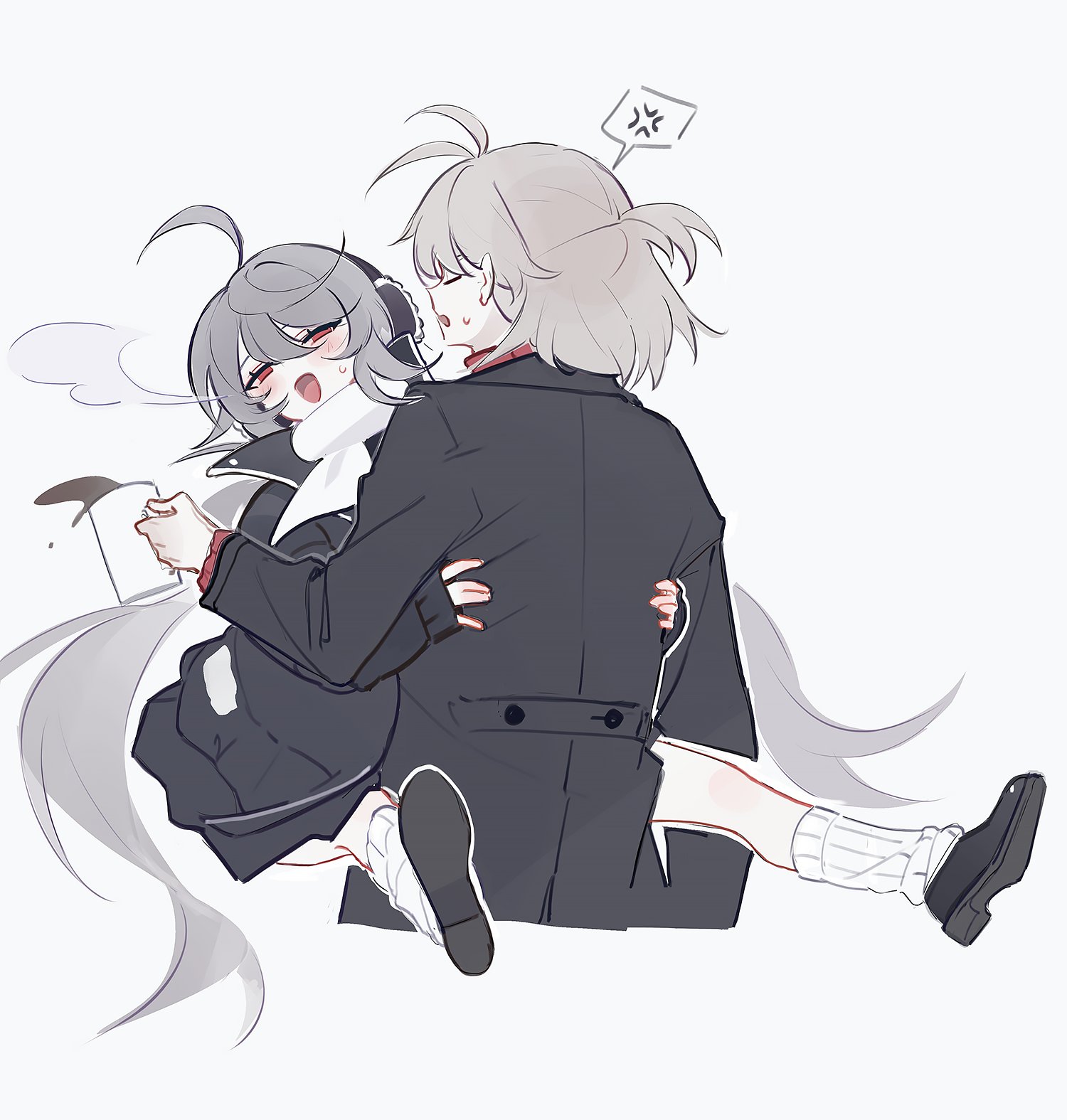 dr.b (drb02), garnet (black survival), black survival, eternal return: black survival, highres, 1boy, 1girl, :d, ahoge, anger vein, ankle socks, antenna hair, black coat, black shoes, breath, coat, cup, earmuffs, facing away, facing viewer, grey hair, hetero, holding, holding cup, hug, kenneth (black survival), loafers, long hair, long sleeves, looking at another, medium hair, open mouth, ponytail, red eyes, red shirt, scarf, shirt, shoes, short ponytail, simple background, sitting, sitting on person, smile, socks, speech bubble, spilling, spoken anger vein, straddling, surprised, sweatdrop, swept bangs, twintails, upright straddle, very long hair, white background, white scarf, white socks, winter clothes, winter coat