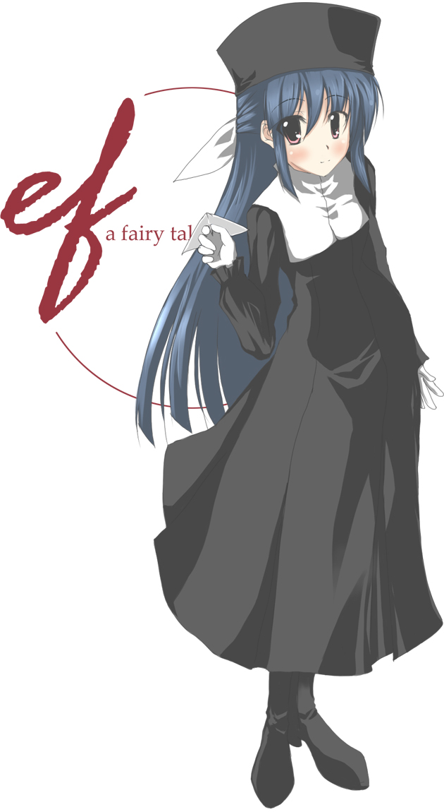 suu (artist), amamiya yuuko, ef (visual novel), 00s, 1girl, beret, blue eyes, blue hair, cloak, collar, female focus, full body, hat, long hair, long sleeves, looking at viewer, matching hair/eyes, shoes, smile, solo, standing, text focus, very long hair