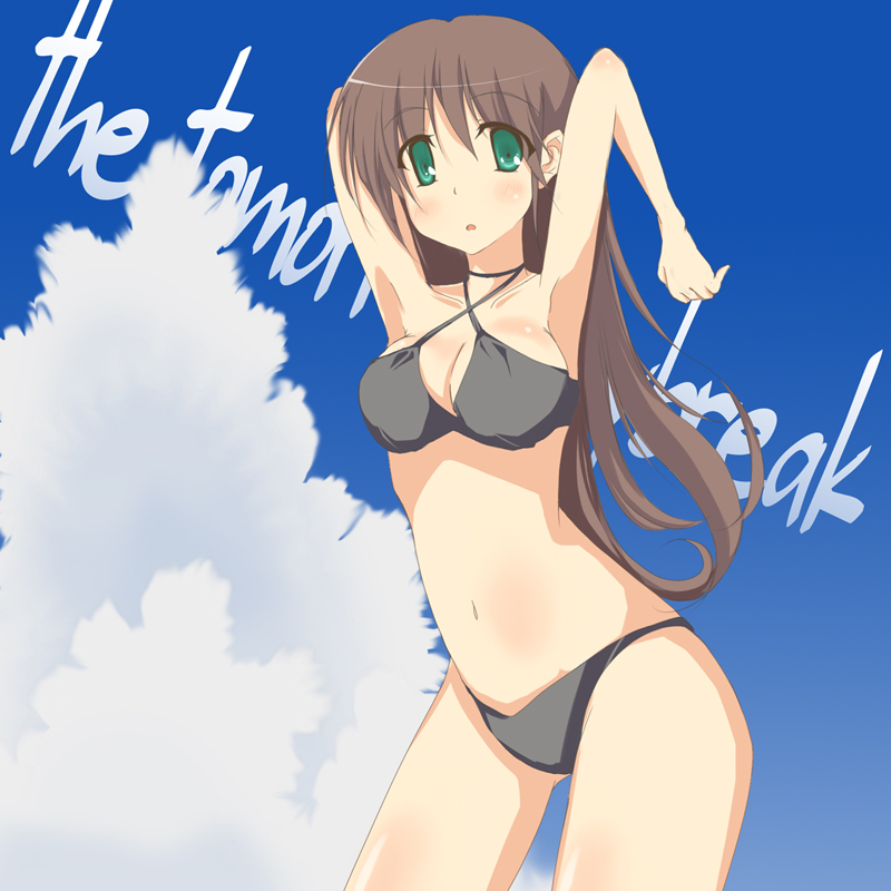 suu (artist), original, 1girl, :o, armpits, arms up, bare shoulders, bikini, blue sky, brown hair, cloud, criss-cross halter, day, female focus, green eyes, grey bikini, halterneck, looking at viewer, navel, parted lips, sky, solo, stomach, swimsuit