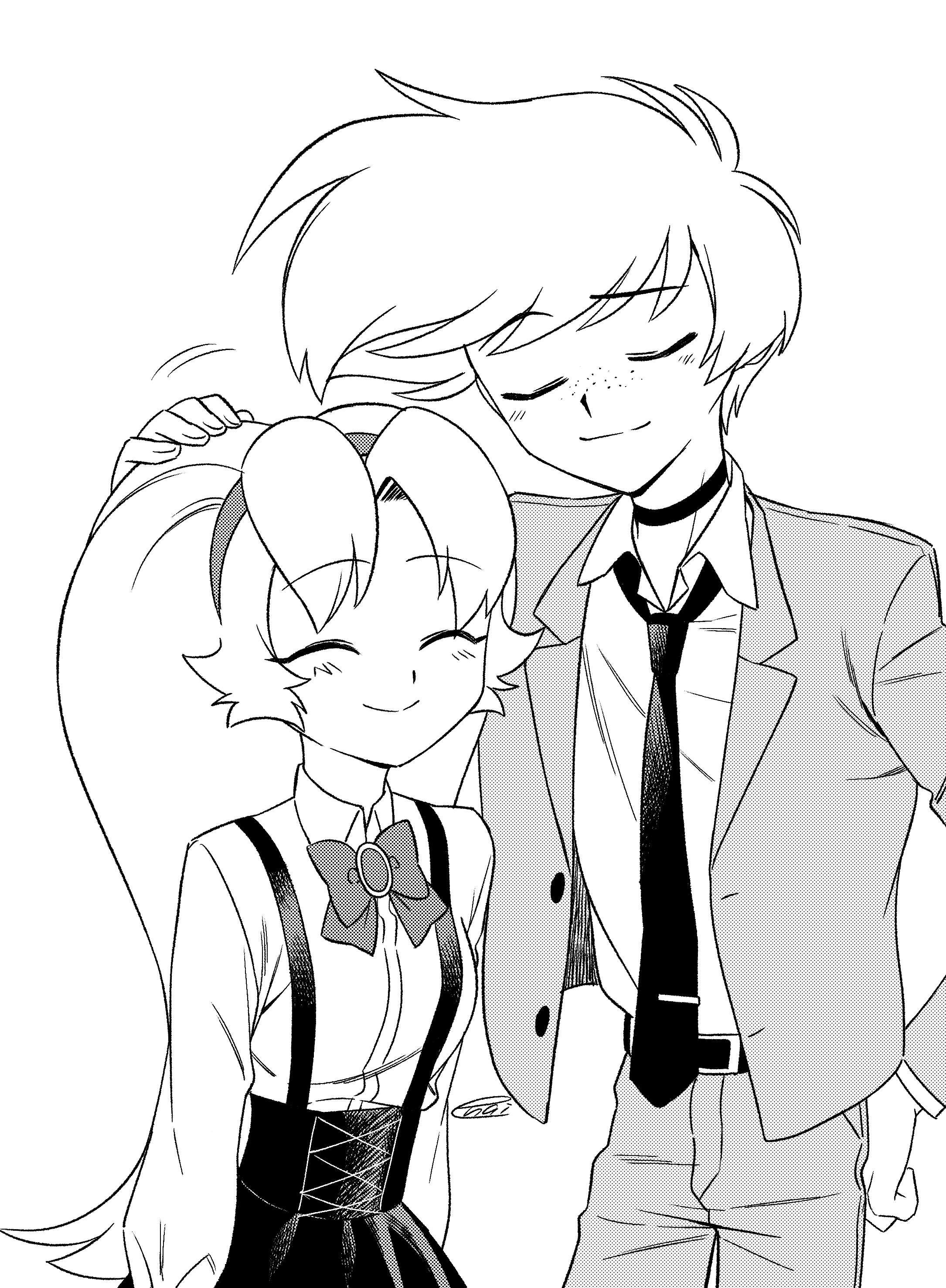 menma (enaic31), angel dust, molly (hazbin hotel), hazbin hotel, hellaverse, absurdres, commentary request, highres, 1boy, 1girl, ^ ^, affectionate, antenna hair, arms at sides, belt, bow, bowtie, breasts, brother and sister, closed eyes, closed mouth, collared shirt, cowboy shot, fingernails, freckles, greyscale, hairband, hand on another's head, hand on own hip, hand up, happy, height difference, humanization, jacket, lapels, long hair, long sleeves, monochrome, necktie, notched lapels, open clothes, open jacket, pants, shirt, shirt tucked in, short hair, siblings, signature, simple background, skirt, small breasts, smile, standing, suspender skirt, suspenders, u u, very long hair, white background