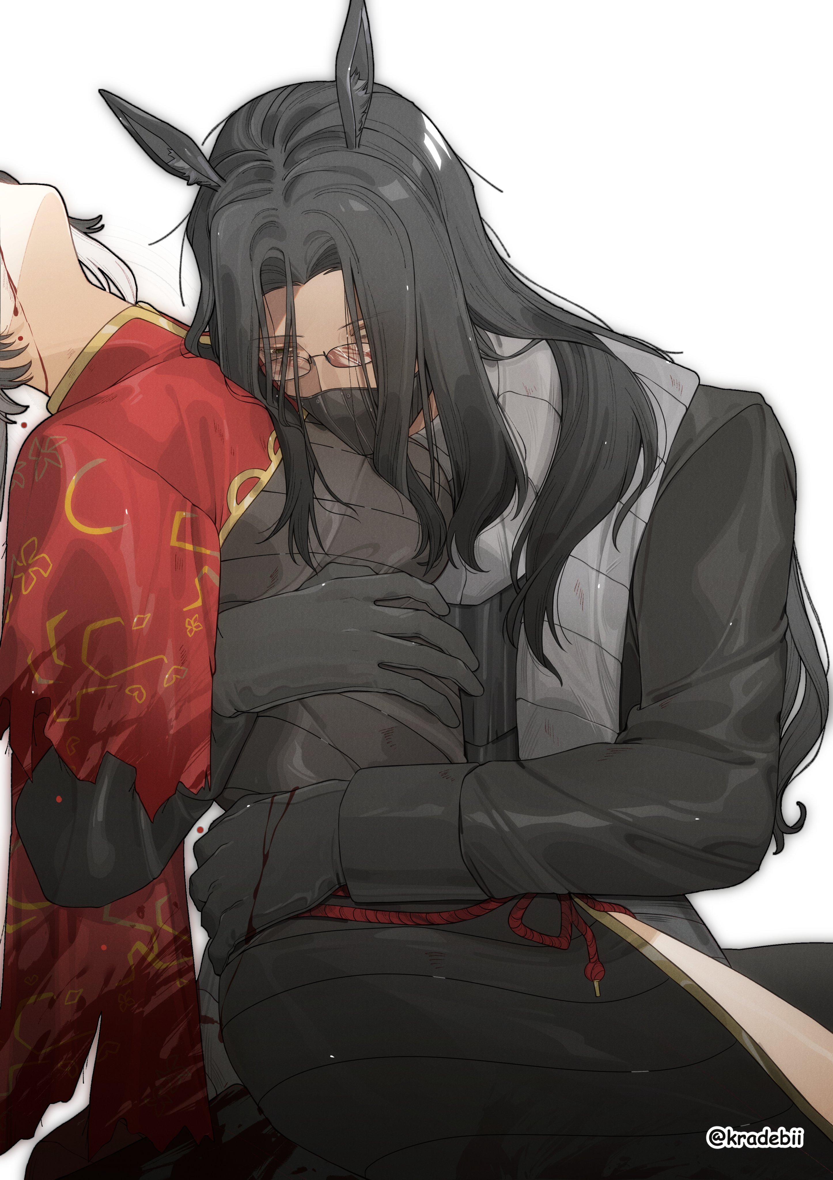 kradebii, jia xichun (project moon), limbus company, project moon, absurdres, commentary, english commentary, highres, 1boy, 1girl, animal ears, black dress, black gloves, black hair, blood, chinese clothes, dress, glasses, gloves, horse boy, horse ears, hug, long hair, long sleeves, mask, mouth mask, simple background, torn clothes, twitter username, wei (project moon), white background