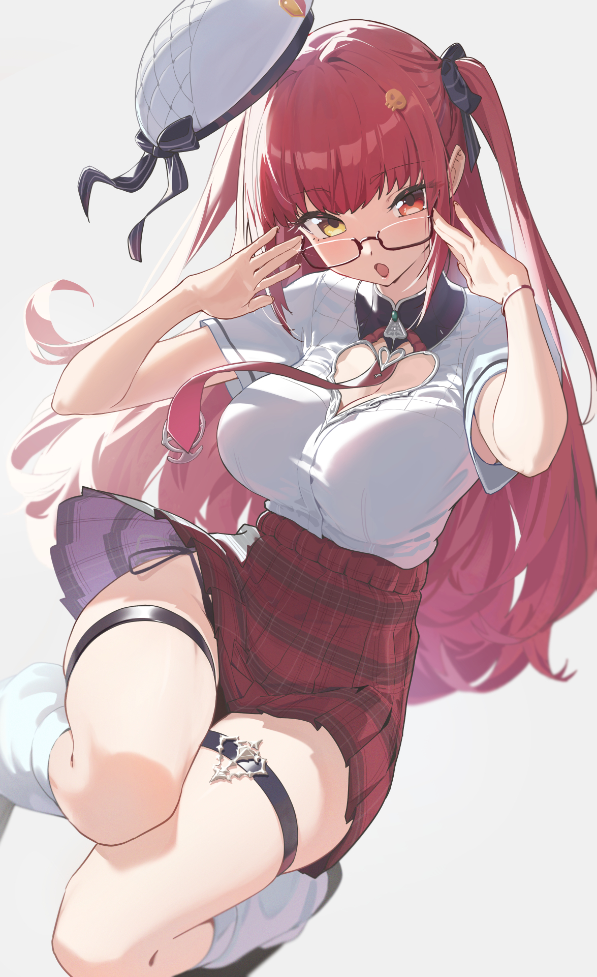 reulem, houshou marine, hololive, commentary, highres, symbol-only commentary, 1girl, alternate costume, alternate hairstyle, beret, bespectacled, black panties, breasts, cleavage, cleavage cutout, clothing cutout, floating hat, glasses, hat, heart cutout, heterochromia, large breasts, long hair, looking at viewer, loose socks, miniskirt, necktie, open mouth, panties, panty peek, plaid clothes, plaid skirt, rectangular eyewear, red hair, red necktie, red skirt, semi-rimless eyewear, shirt, short sleeves, side-tie panties, simple background, skindentation, skirt, socks, solo, thigh strap, thighs, underwear, virtual youtuber, white background, white hat, white shirt, white socks