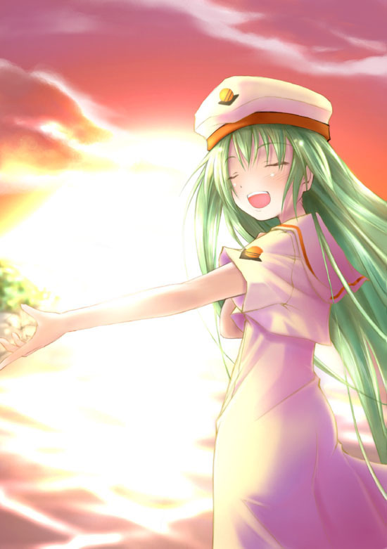 dousaki shin'ya, alice carroll, aria (manga), uniform, 00s, 1girl, :d, ^ ^, backlighting, beret, blush, closed eyes, dress, female focus, green hair, hat, long hair, ocean, open mouth, outstretched arm, smile, solo, standing, sun, sunlight, very long hair, water, white dress