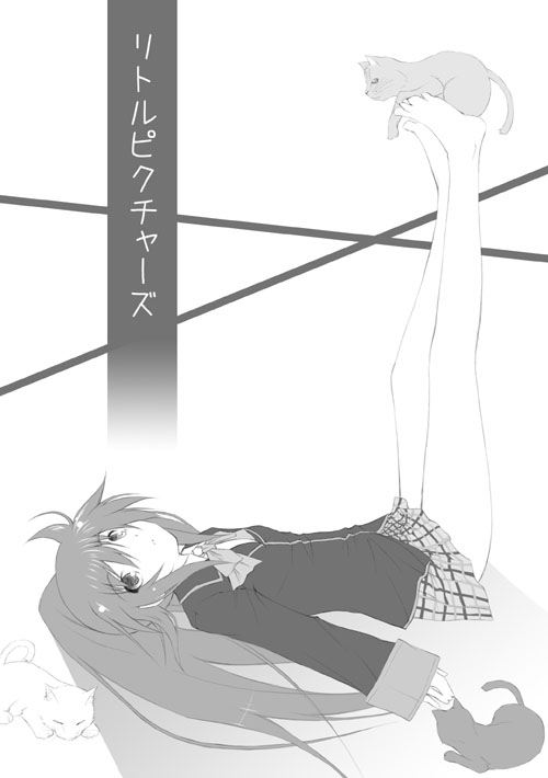 dousaki shin'ya, lennon, natsume rin, little busters!, 1girl, barefoot, cat, feet, female focus, greyscale, monochrome, solo