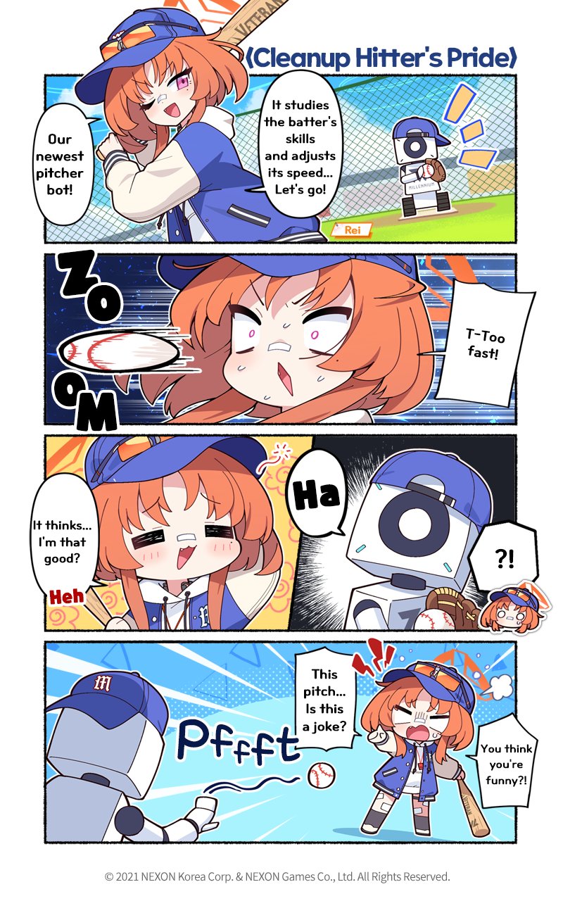 donmin h, rei (blue archive), blue archive, commentary, english commentary, highres, official art, 1girl, baseball, baseball bat, blue hat, blue sky, chain-link fence, character name, chibi, closed eyes, day, drawstring, english text, eyewear on headwear, fang, fence, halo, hat, holding, holding baseball bat, hood, hoodie, jacket, long sleeves, mole, mole under eye, motion blur, motion lines, nervous sweating, one eye closed, open clothes, open jacket, open mouth, orange hair, orange halo, outdoors, pink eyes, shoes, sky, smile, socks, speech bubble, sunglasses, sweat, v-shaped eyebrows, white hat, white hoodie