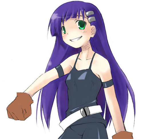 dousaki shin'ya, kiyal bachika, tengen toppa gurren lagann, lowres, 00s, gloves, green eyes, grin, long hair, purple hair, smile, solo