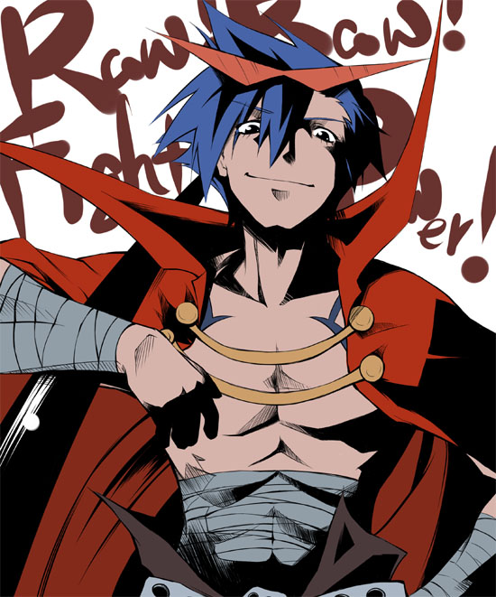 dousaki shin'ya, kamina (ttgl), tengen toppa gurren lagann, 00s, 1boy, abs, bandages, blue hair, bodypaint, cape, glasses, kamina shades, male focus, sarashi, solo, topless male, triangular eyewear, white background