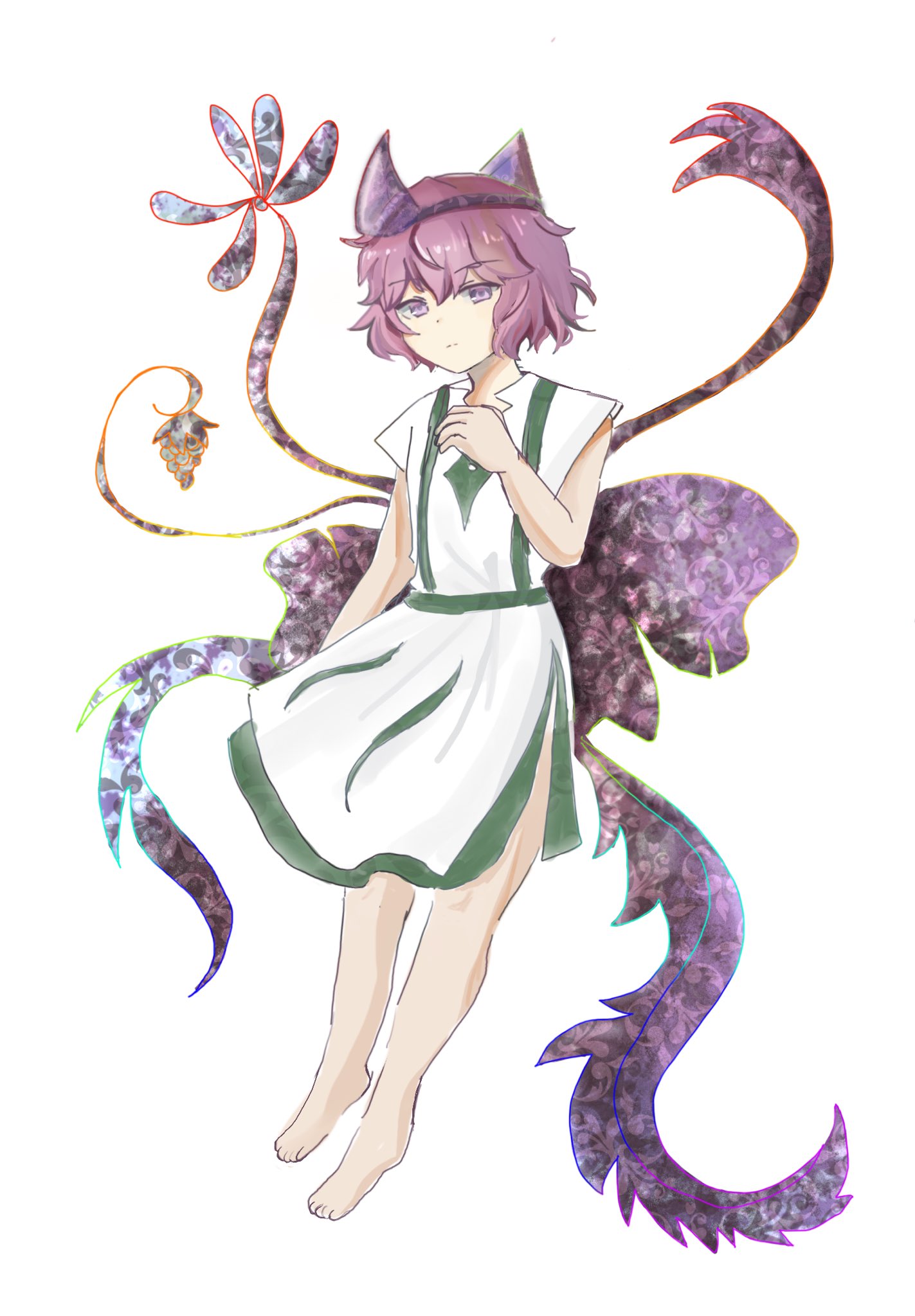 temshi, shion (len'en), len'en, highres, 1other, androgynous, bare arms, bare legs, bare shoulders, barefoot, closed mouth, dot nose, dress, energy wings, expressionless, flower, full body, hair between eyes, hand on own chest, japanese clothes, knees, looking at viewer, medium dress, other focus, pink hair, pink wings, purple eyes, short hair, simple background, sleeveless, sleeveless dress, solo, standing, tachi-e, toes, triangular headpiece, white background, white dress, wings