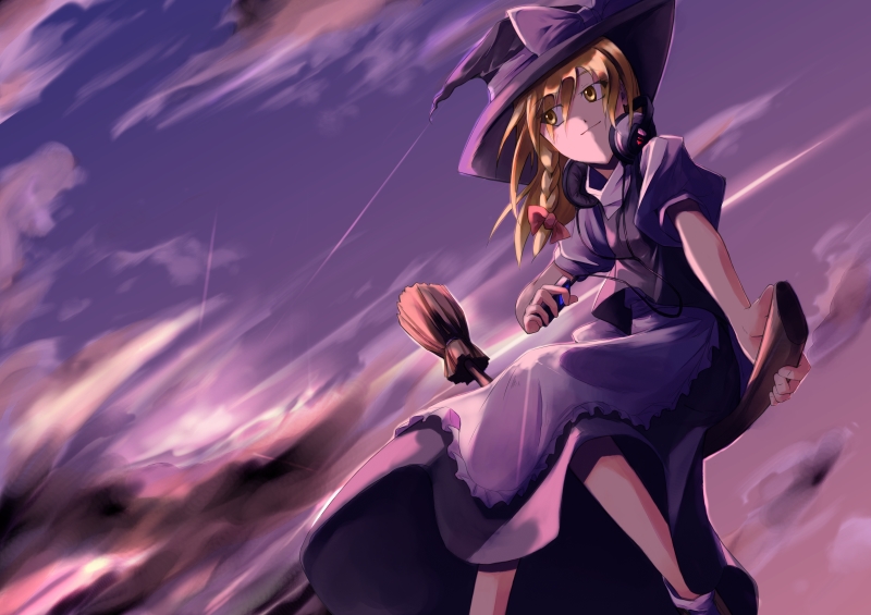 sorano eika, kirisame marisa, touhou, 1girl, blonde hair, braid, broom, broom riding, cloud, evening, female focus, hat, looking at viewer, outdoors, purple sky, single braid, sitting, sky, solo, witch hat