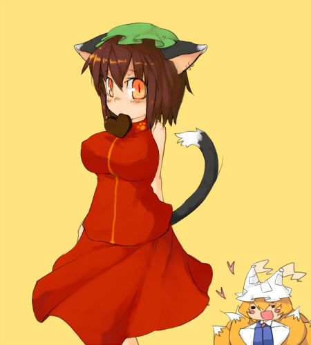 kome (404), chen, yakumo ran, touhou, alternate breast size, lowres, 2girls, animal ears, animal hat, arms behind back, bad anatomy, blonde hair, breasts, brown hair, cat ears, cat girl, cat tail, chocolate, earrings, female focus, hands in opposite sleeves, hat, heart, jewelry, large breasts, long sleeves, mob cap, mouth hold, multiple girls, orange eyes, poorly drawn, short hair, tail, tassel, valentine, wide sleeves