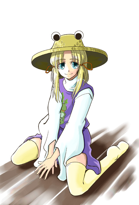 keisei fuji, moriya suwako, touhou, 1girl, female focus, full body, hat, skirt, solo, thighhighs, white background