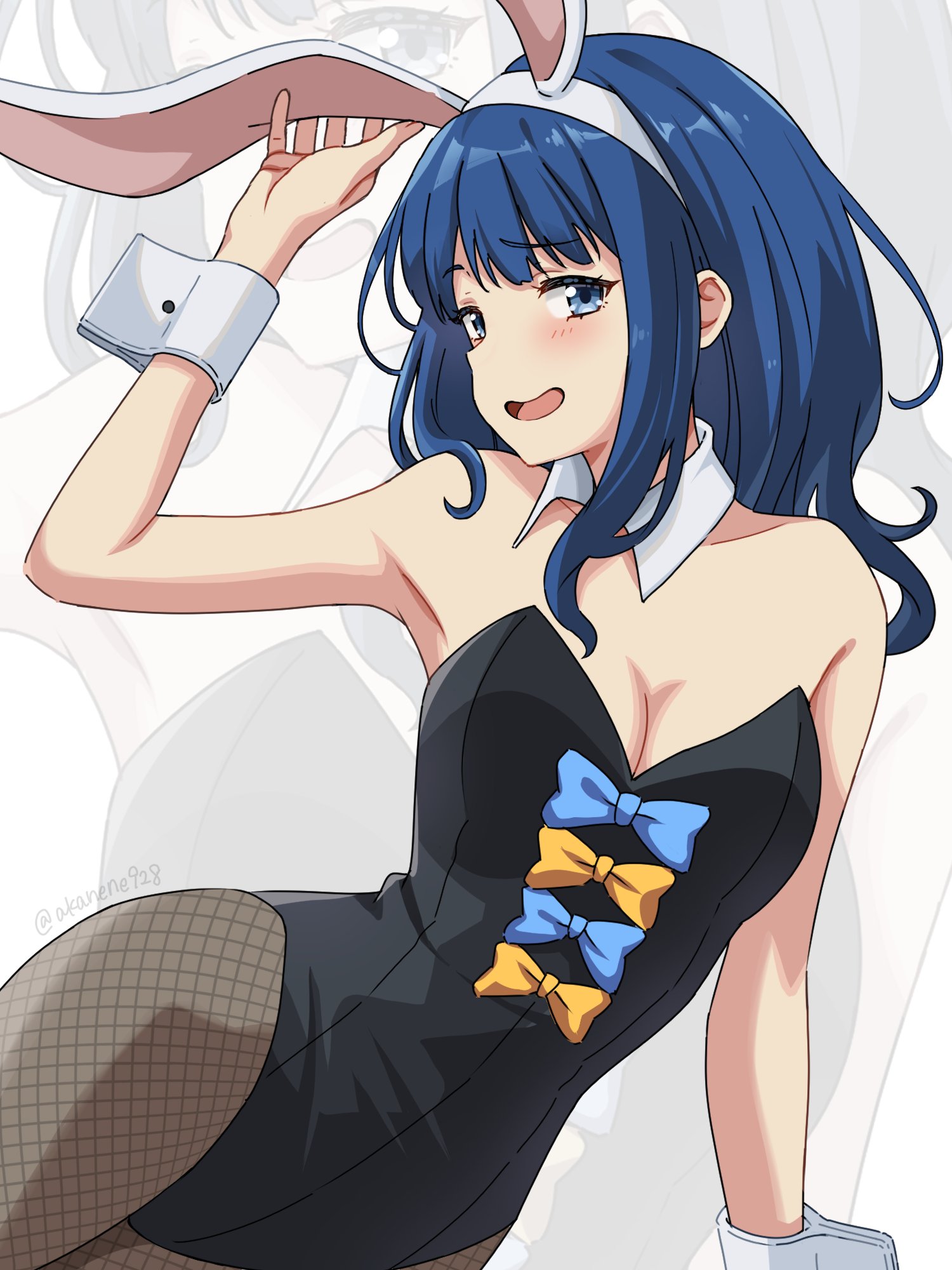 akane (akaneoekaki0928), yanami anna, make heroine ga oo sugiru!, commentary request, highres, 1girl, animal ear hairband, animal ears, arm support, arm up, artist name, black leotard, blue bow, blue eyes, blue hair, blush, bow, breasts, cleavage, collar, cowboy shot, detached collar, fake animal ears, fishnet pantyhose, fishnets, hairband, leotard, long hair, looking at viewer, medium breasts, nervous smile, open mouth, pantyhose, playboy bunny, rabbit ear hairband, rabbit ears, smile, solo, white collar, white hairband, white wrist cuffs, wing collar, wrist cuffs, yellow bow