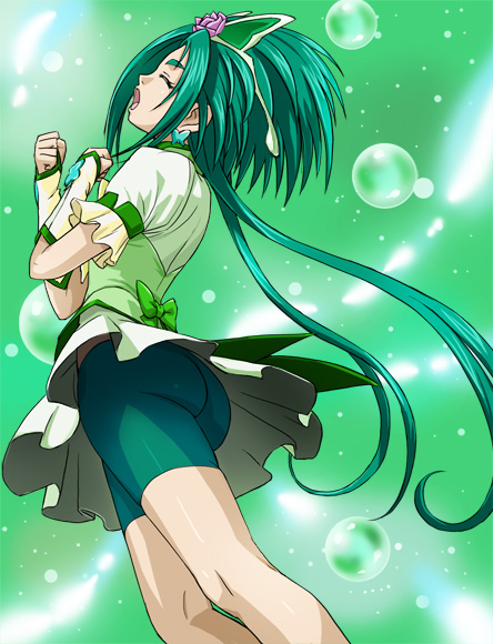 haruyama kazunori, akimoto komachi, cure mint, precure, yes! precure 5, yes! precure 5 gogo!, 00s, 1girl, ass, bike shorts, bike shorts under skirt, butterfly hair ornament, female focus, flower, green background, green hair, green shorts, green theme, hair ornament, long hair, magical girl, pink flower, pink rose, rose, shorts, shorts under skirt, solo, upskirt