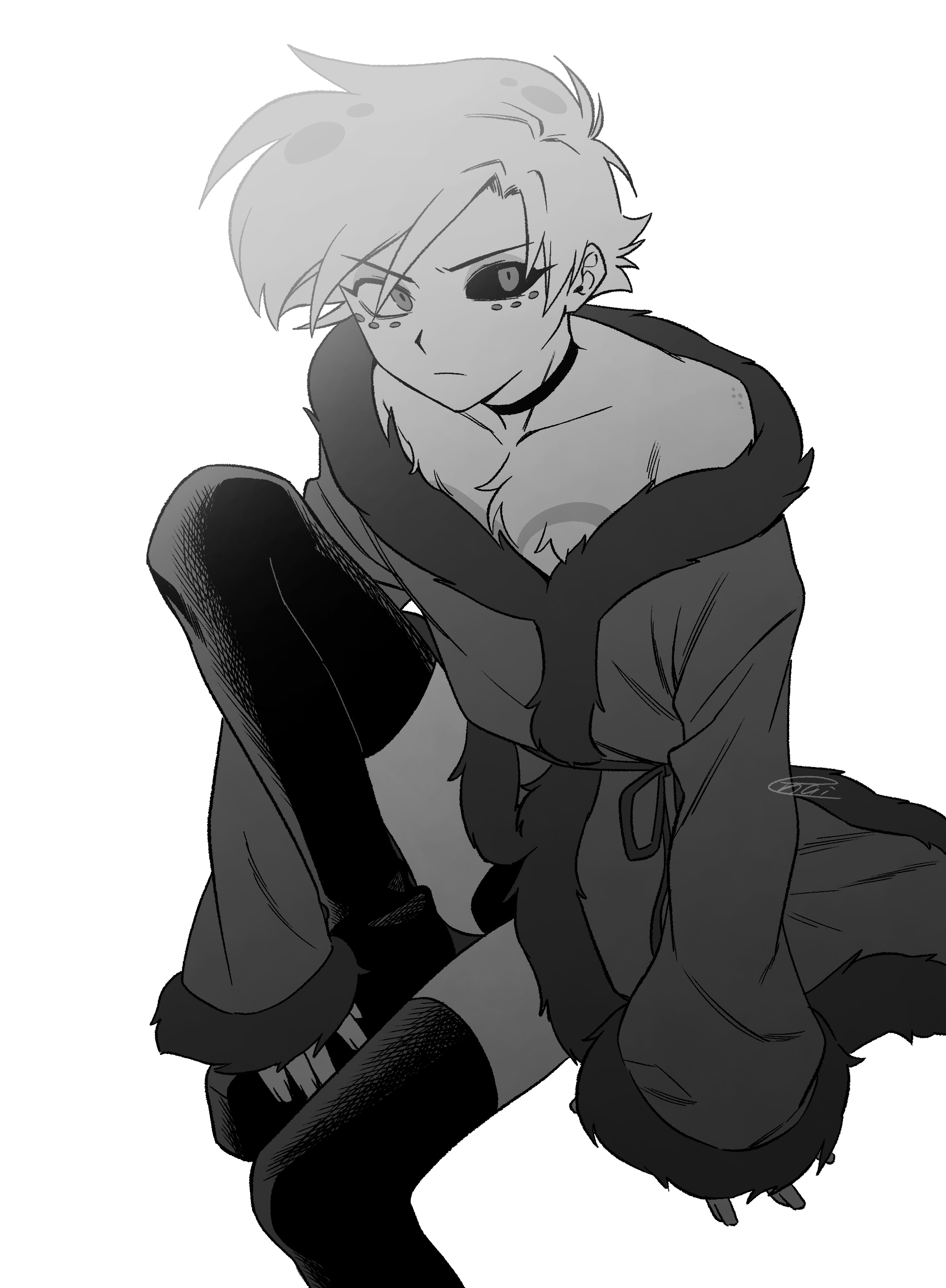 menma (enaic31), angel dust, hazbin hotel, hellaverse, absurdres, commentary request, highres, 1boy, bare shoulders, boots, choker, closed mouth, coat, colored sclera, facial mark, fingernails, foot out of frame, from above, frown, fur-trimmed coat, fur-trimmed sleeves, fur trim, greyscale, hair behind ear, hair between eyes, hand on own foot, humanization, invisible chair, knee up, long sleeves, looking at viewer, male focus, mismatched sclera, monochrome, official alternate costume, short hair, signature, simple background, sitting, solo, thigh boots, v-shaped eyebrows, white background