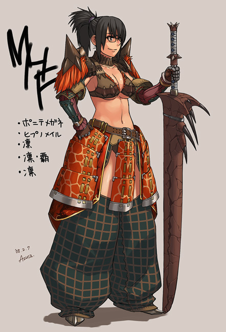 azusa (hws), capcom, monster hunter (series), 1girl, breasts, cleavage, female focus, glasses, hands on hilt, hypnocatrice (armor), knight, lao-shan lung (armor), midriff, solo, sword, weapon