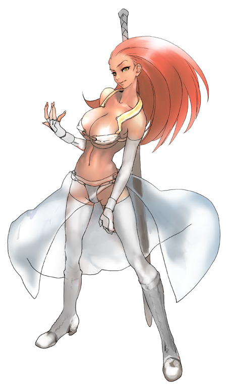 sammohung, 1girl, bikini, boots, breasts, cleavage, dark-skinned female, dark skin, elbow gloves, female focus, gloves, greatsword, knight, large breasts, midriff, red hair, simple background, solo, swimsuit, sword, thigh boots, thighhighs, weapon, weapon on back, white background, white bikini, white boots, white thighhighs