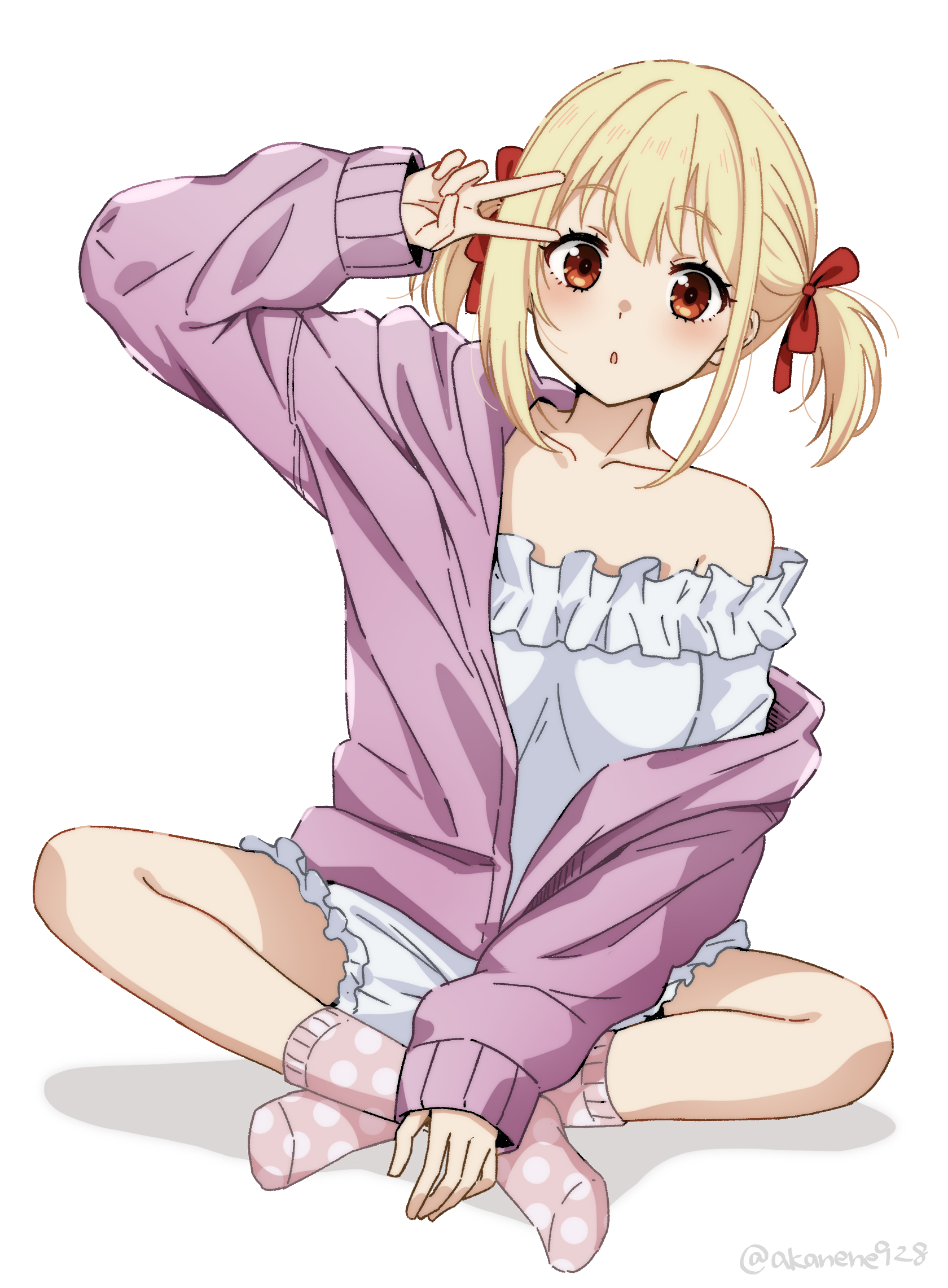 akane (akaneoekaki0928), nishikigi chisato, lycoris recoil, commentary request, highres, alternate hairstyle, artist name, blonde hair, blush, bow, cardigan, collarbone, frilled shirt, frilled shorts, frills, full body, hair bow, hand up, indian style, long sleeves, no shoes, open cardigan, open clothes, parted lips, pink cardigan, pink socks, polka dot, polka dot socks, red bow, shirt, short hair, short twintails, shorts, simple background, single bare shoulder, sitting, socks, twintails, v, white background, white shirt, white shorts