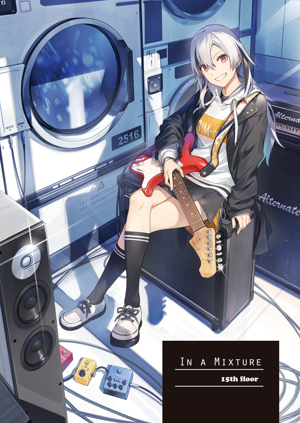miz, original, commentary request, highres, 1girl, amplifier, black jacket, black shirt, black socks, guitar, holding, holding guitar, holding instrument, hood, hoodie, instrument, jacket, long hair, multicolored hair, red eyes, shirt, shoes, smile, socks, sound system, two-tone hair, two-tone skirt, washing machine, white hoodie, white shoes