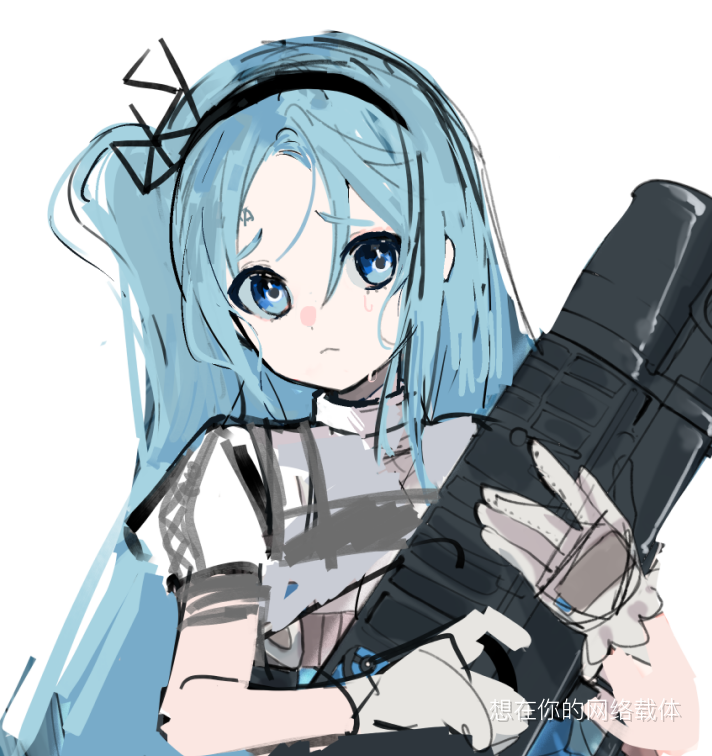 bisaytin, ads (girls' frontline), girls' frontline, 1girl, :<, ads assault rifle, assault rifle, blue eyes, blue hair, closed mouth, forehead, gloves, gun, hairband, holding, holding gun, holding weapon, long hair, looking at viewer, one side up, puffy short sleeves, puffy sleeves, raised inner eyebrows, rifle, shirt, short sleeves, sketch, solo, symbol-shaped pupils, upper body, weapon, wet, white background, white gloves, white shirt