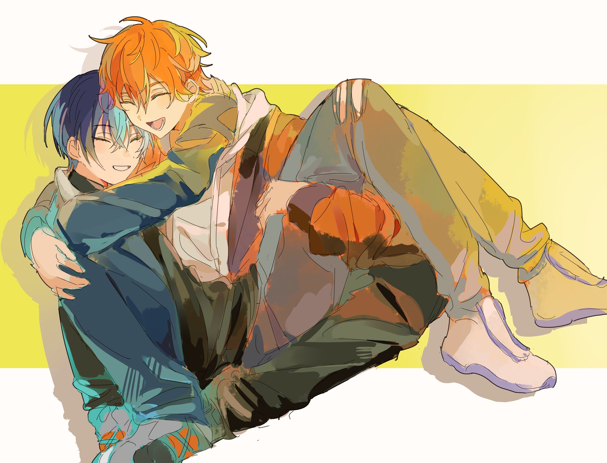 dayud11, aoyagi touya, shinonome akito, project sekai, highres, 2boys, blue hair, closed eyes, drawstring, full body, grey pants, long sleeves, lower teeth only, male focus, multicolored hair, multiple boys, orange hair, pants, short hair, smile, split-color hair, teeth, torn clothes, torn pants, two-tone background, two-tone hair, yaoi
