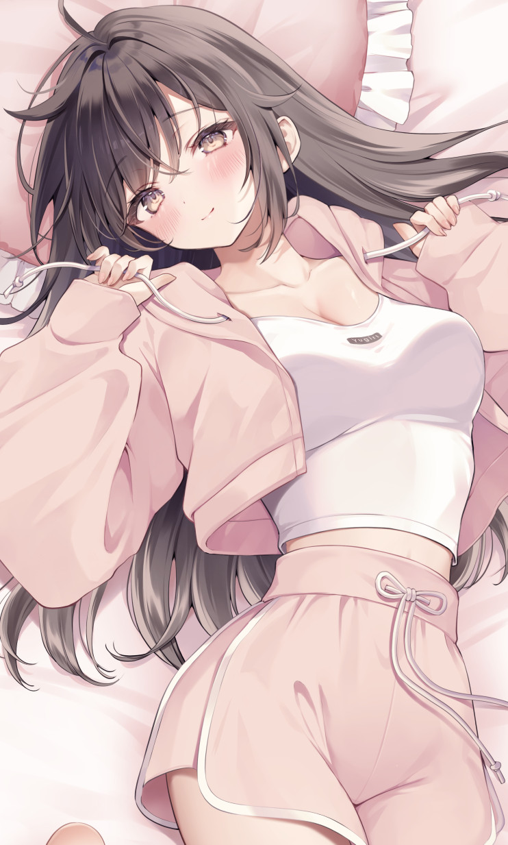 yugaa, original, highres, 1girl, ahoge, black hair, breasts, brown eyes, closed mouth, collarbone, crop top, cropped jacket, drawstring, hands up, high-waist shorts, jacket, long hair, long sleeves, looking at viewer, lying, medium breasts, midriff, on back, open clothes, open jacket, pink jacket, pink shorts, pink theme, shirt, short shorts, shorts, smile, solo, white shirt