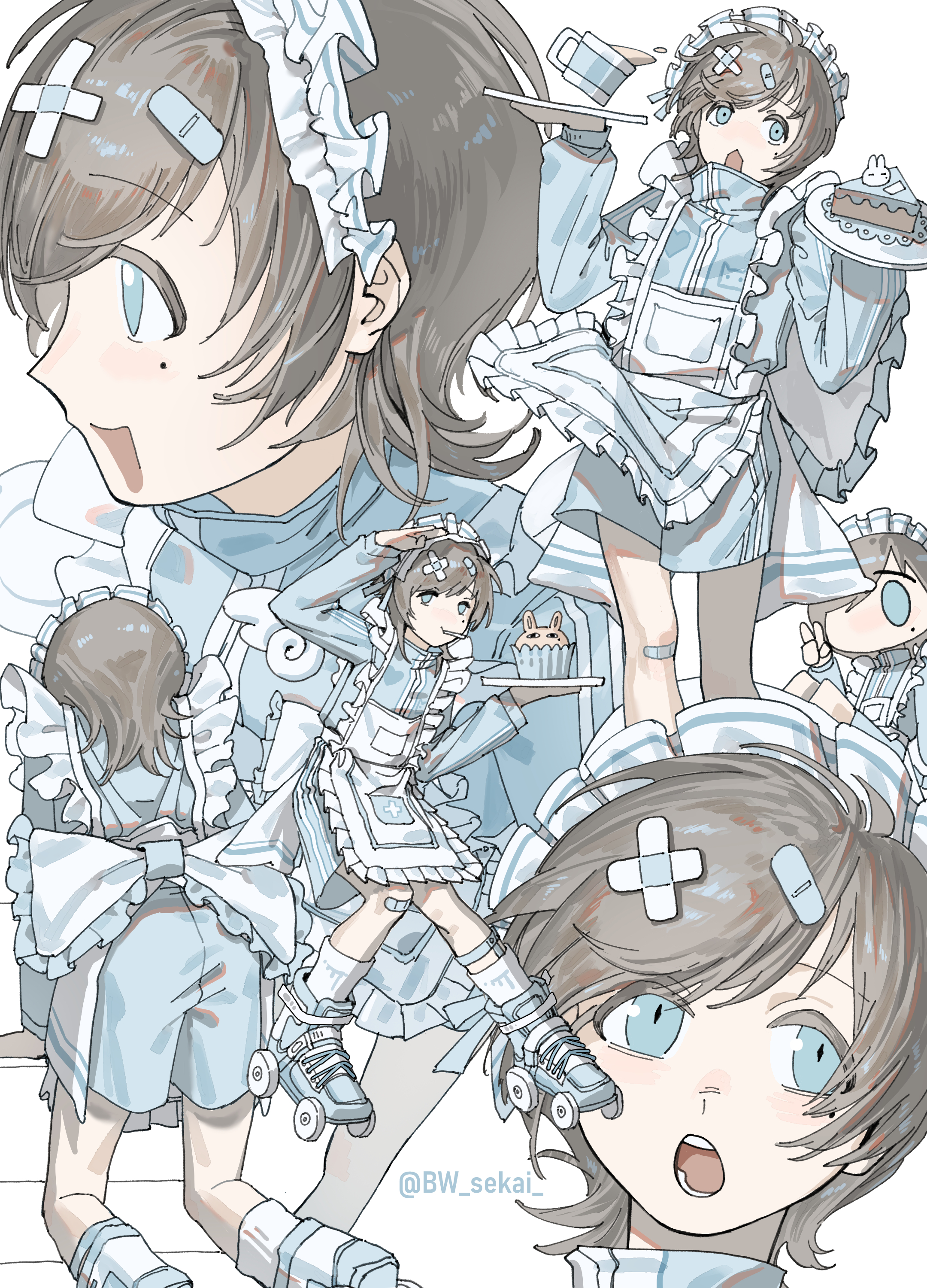 kanae (nijisanji), nijisanji, absurdres, hashtag-only commentary, highres, 1boy, alternate costume, apron, bandaid, bandaid hair ornament, bandaid on knee, bandaid on leg, blue eyes, blue jacket, blue shorts, brown hair, bw sekai, crossed bandaids, frilled apron, frills, hair ornament, holding, holding tray, jacket, jersey maid, maid, maid apron, maid headdress, male focus, mole, mole under eye, multiple views, roller skates, short hair, shorts, simple background, skates, socks, track jacket, tray, twitter username, unconventional maid, virtual youtuber, white apron, white background, white headdress, white socks