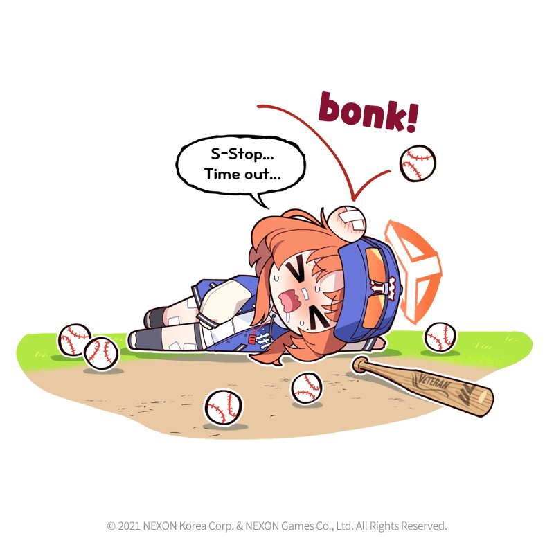 donmin h, rei (blue archive), blue archive, commentary, english commentary, official art, > <, 1girl, baseball, baseball bat, blue hat, blush, chibi, drawstring, drooling, english text, eyewear on headwear, halo, hat, hood, hoodie, jacket, long sleeves, lying, nose blush, on side, open clothes, open jacket, open mouth, orange hair, orange halo, puffy long sleeves, puffy sleeves, saliva, shoes, socks, solo, sound effects, sweat, thigh strap, wavy mouth, white hoodie