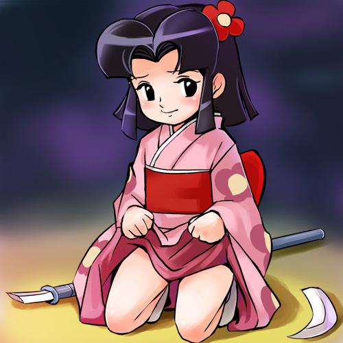 haruyama kazunori, chiba sayuri, akadou suzunosuke, lowres, 1970s (style), clothes lift, halberd, japanese clothes, kimono, oldschool, polearm, retro artstyle, solo, weapon