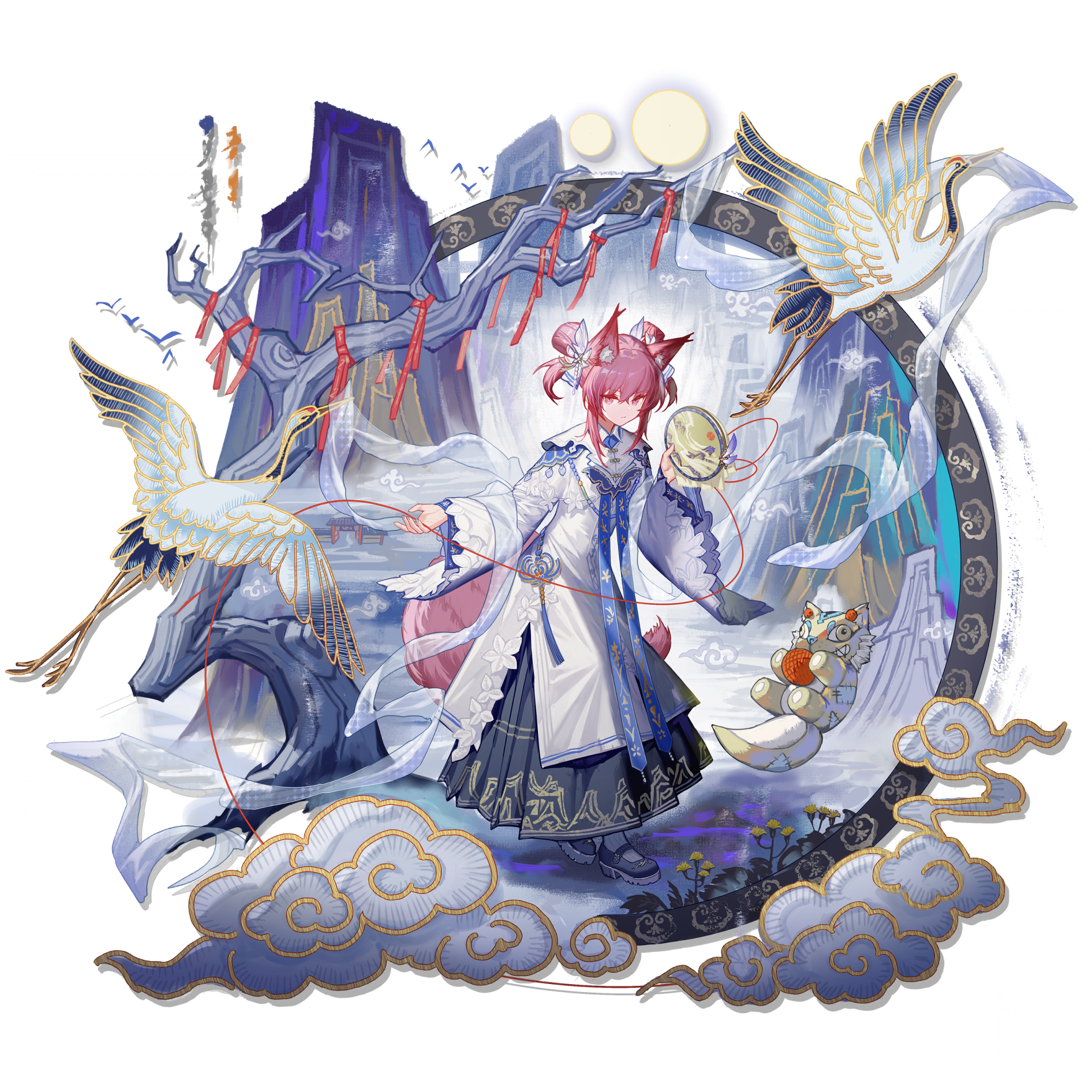 xiayehongming, morte (arknights), shamare (arknights), arknights, check clothing, clothing request, highres, official art, third-party source, 1girl, animal ear fluff, animal ears, aoqun, architecture, bare tree, bird, black shoes, black skirt, blue nails, calligraphy, chinese clothes, collared dress, crane (animal), double bun, dress, east asian architecture, embroidery hoop, floating, flower, flying, fox ears, fox girl, fox tail, full body, full moon, hagoromo, hair between eyes, hair bun, hair ornament, hanfu, holding yarn, looking at viewer, mary janes, medium hair, moon, mountain, mountain print, multiple moons, nail polish, official alternate costume, paifang, patchworks, pink eyes, pink hair, ribbed socks, shamare (celestial crane) (arknights), sharp teeth, shawl, shoes, skirt, socks, solo, standing, string, stuffed toy, tail, teeth, transparent background, tree, white dress, white socks, wide sleeves, xiangyun, yaopei, yarn, yellow flower