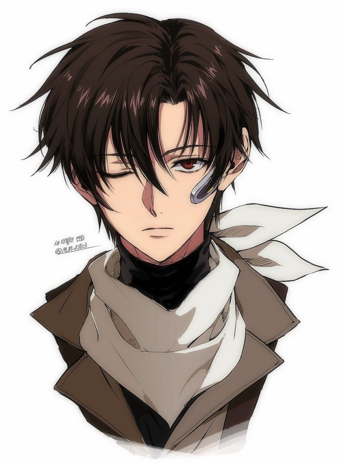 m m pb, shinei nouzen, 86 -eightysix-, commentary request, highres, korean commentary, translation request, 1boy, brown hair, closed mouth, korean text, lapels, male focus, notched lapels, one eye closed, portrait, red eyes, scarf, simple background, solo, turtleneck, twitter username, white background, white scarf