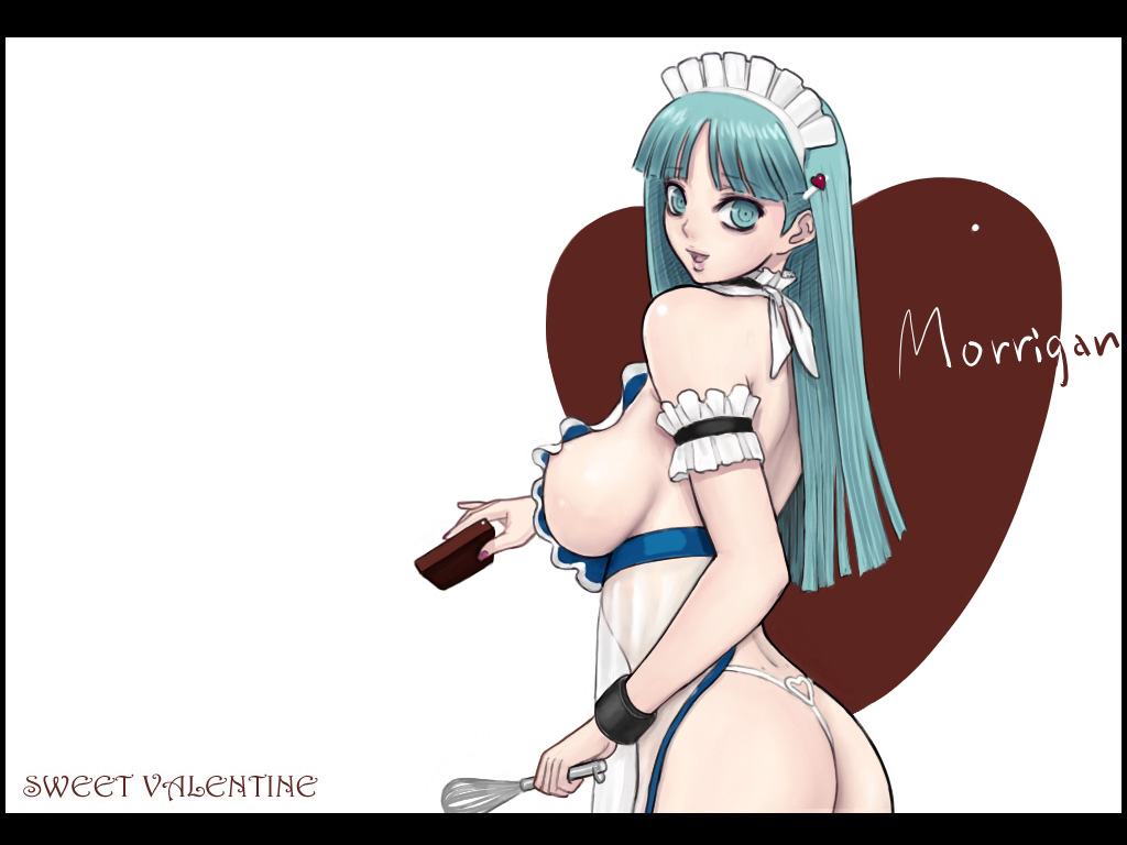 ark (morita hitomi), morrigan aensland, capcom, darkstalkers, 1girl, apron, aqua eyes, aqua hair, armband, bare shoulders, blunt bangs, blush, breasts, character name, chocolate, demon girl, female focus, fingernails, hair ornament, hairclip, heart, large breasts, lingerie, long fingernails, looking back, maid, maid apron, nail (hardware), nail polish, naked apron, panties, see-through clothes, sideboob, smile, solo, thong, underwear, valentine, whisk, white panties, wristband
