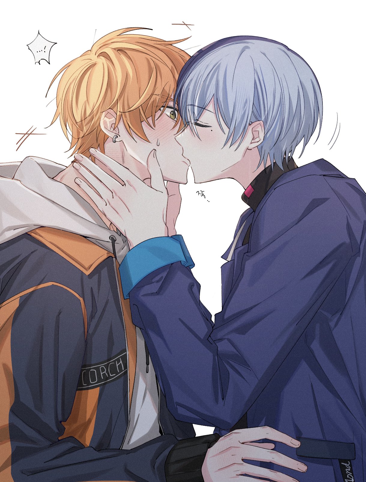 samgak, aoyagi touya, shinonome akito, project sekai, highres, …!, 2boys, blue hair, blush, drawstring, ear blush, earrings, facing another, fingernails, green eyes, hands up, hood, hood up, hoodie, jacket, jewelry, kiss, long sleeves, male focus, mole, mole under eye, multicolored hair, multiple boys, notice lines, open clothes, open jacket, orange hair, short hair, simple background, turtleneck, two-tone hair, upper body, white background, white hoodie, yaoi