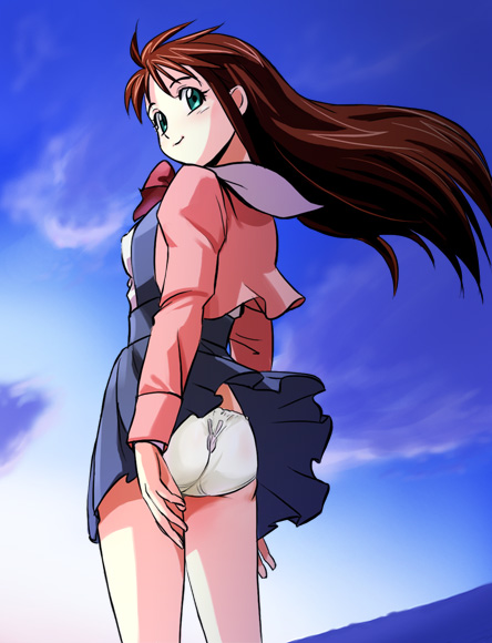 haruyama kazunori, oozora mirai, moldiver, 1990s (style), 1girl, ahoge, animal print, aqua eyes, ass, blush, bow, bowtie, brown hair, clothes lift, cloud, crop top, day, female focus, from behind, long hair, looking back, naughty face, outdoors, panties, pantyshot, pleated skirt, print panties, rabbit panties, rabbit print, retro artstyle, school uniform, serafuku, sidelocks, skirt, skirt lift, sky, smile, solo, standing, underwear, upskirt, white panties, wind, wind lift