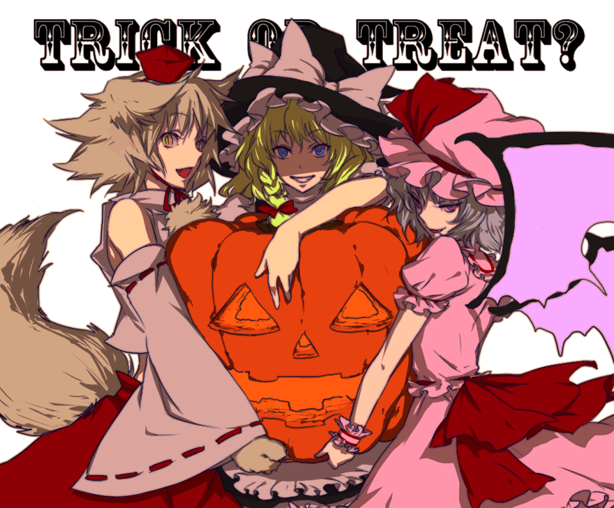 egawa satsuki, inubashiri momiji, kirisame marisa, remilia scarlet, touhou, 3girls, animal ears, blonde hair, female focus, halloween, hat, jack-o'-lantern, multiple girls, pumpkin, tail, trick or treat, wings